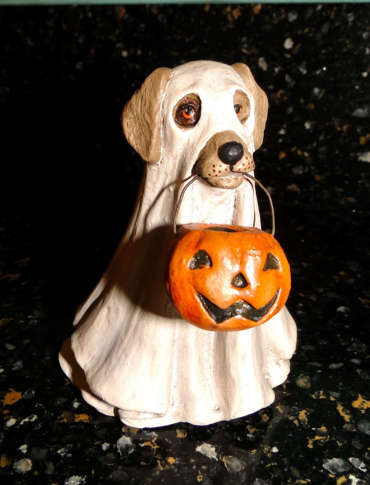 Vintage Bethany Lowe Halloween DOG GHOST w/JOL Candy Bucket Figurine Small 4\