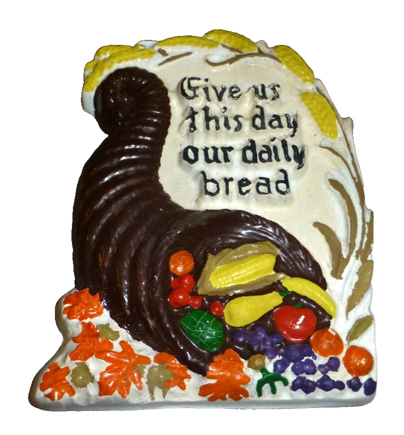Vintage Chalkware Thanksgiving Cornucopia Plaque Give Us This Day...6x4x.5