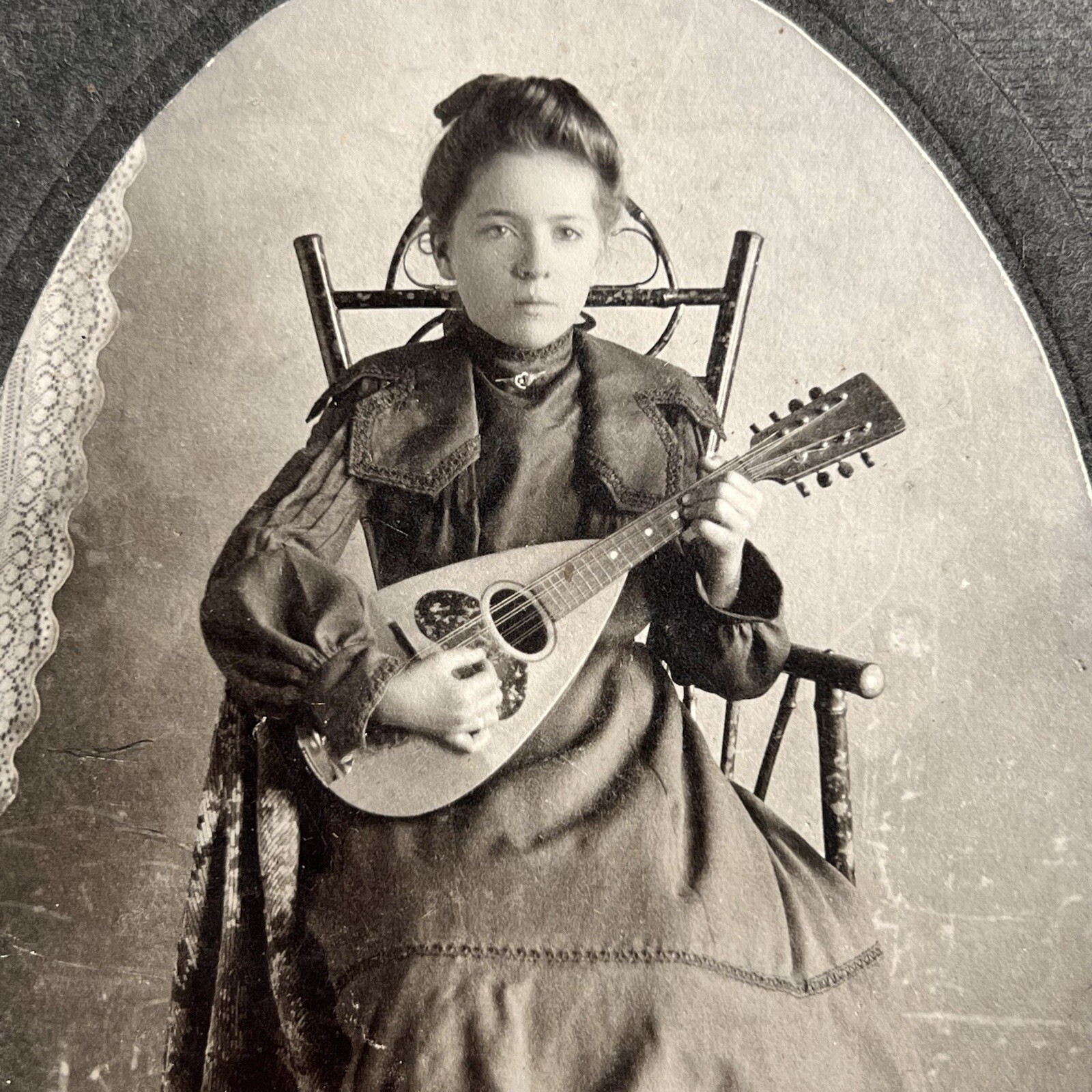 Antique Photograph On Board Girl Playing Mandolin Portland OR ID Harcomb