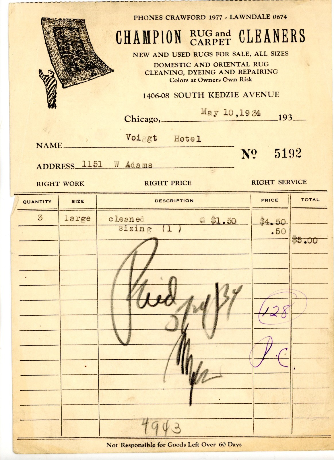 1934 Chicago Champion Rug & Carpet Cleaners Receipt Voigt Hotel