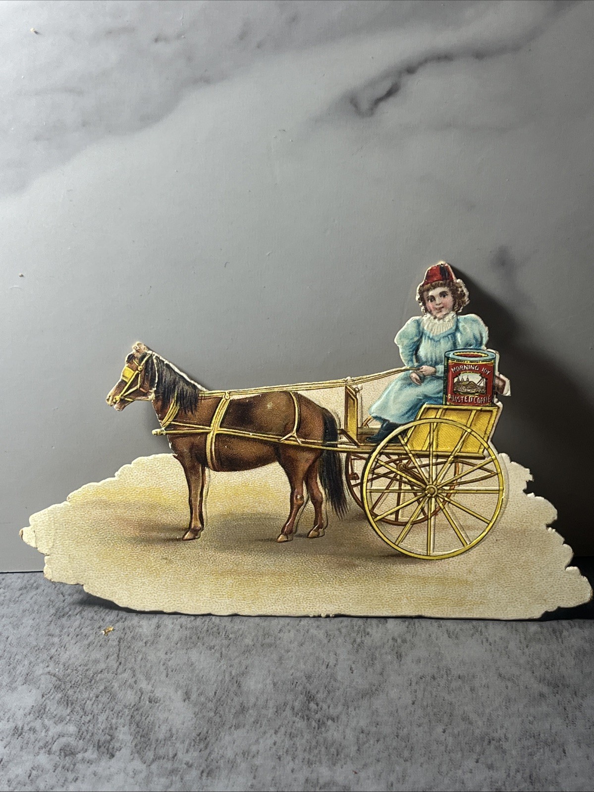 1880s-90s Die-Cut Morning Joy Coffee New Orleans Horse & Cart Girl Victorian
