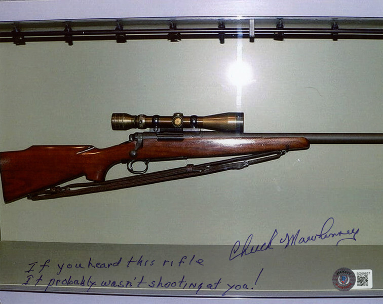 CHUCK MAWHINNEY SIGNED 8x10 PHOTO + HUGE INSCRIPTION MARINE SNIPER BECKETT BAS