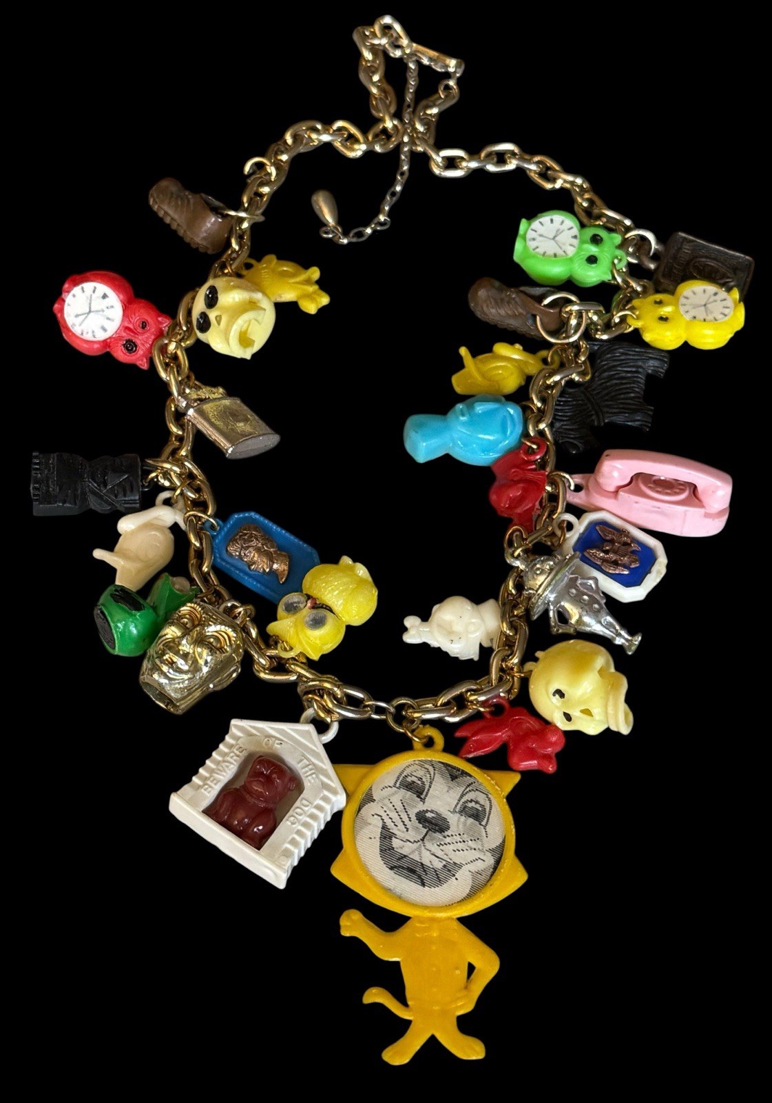 Antique/Vintage Cracker Jack Toy Prize Necklace Some Rare Charms 22”