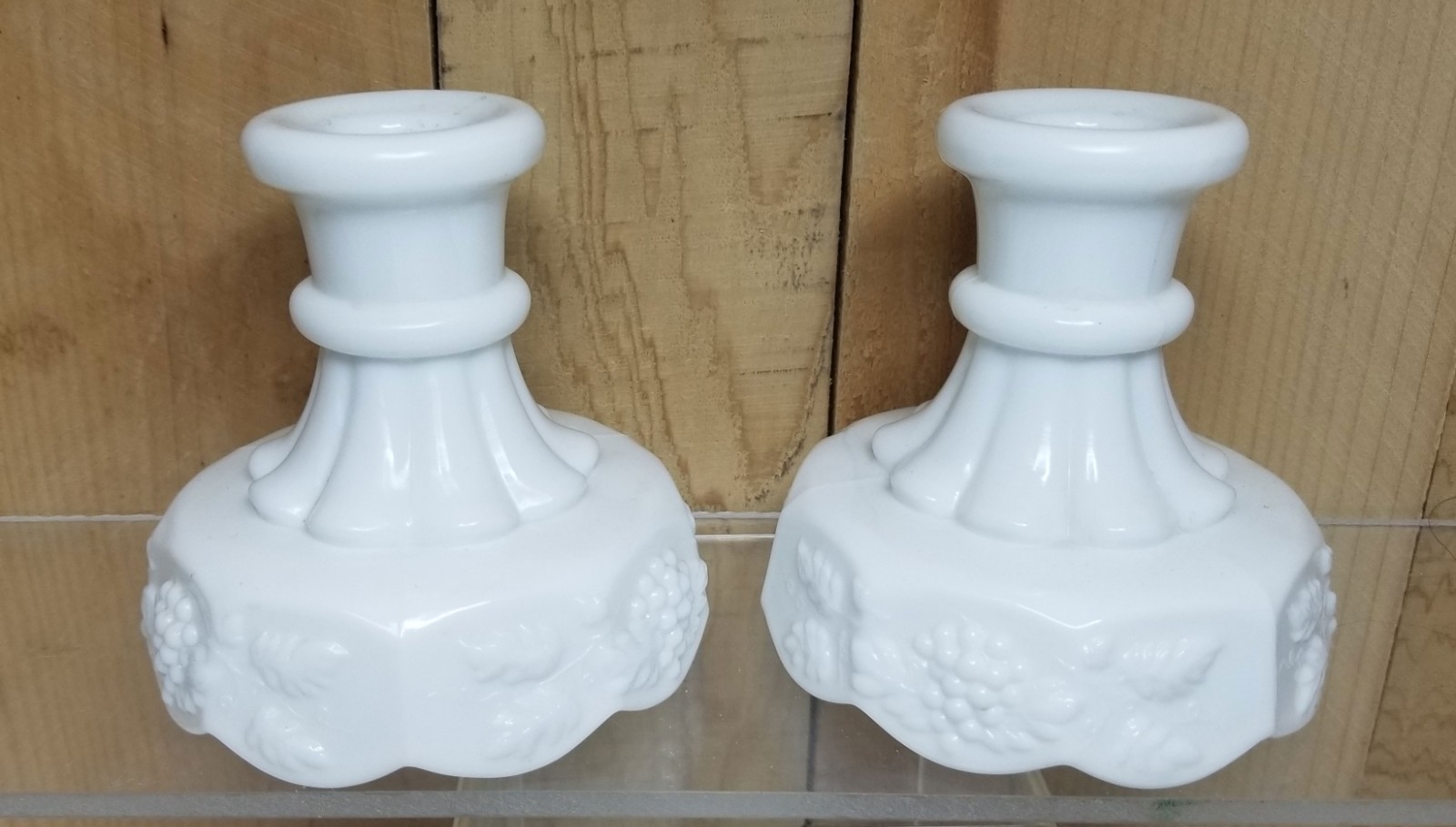 Set of 2 Westmoreland Milk Glass Candle Holders Grape Embossed
