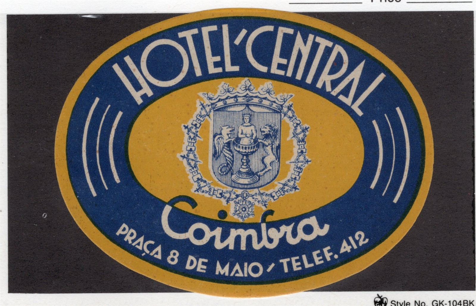 HOTEL CENTRAL COIMBRA PORTUGAL TRAVEL BAGGAGE LABEL 
