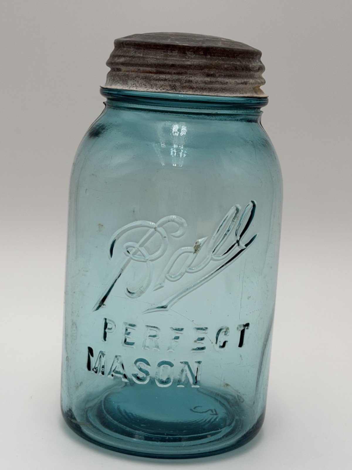 Ball Jar Perfect Mason Off Center #2 RARE 1910-1923 Vintage Blue W/ Zinc Lid Ball Jar Perfect Mason Off Center #2 RARE 1910-1923 Vintage Blue W/ Zinc Lid