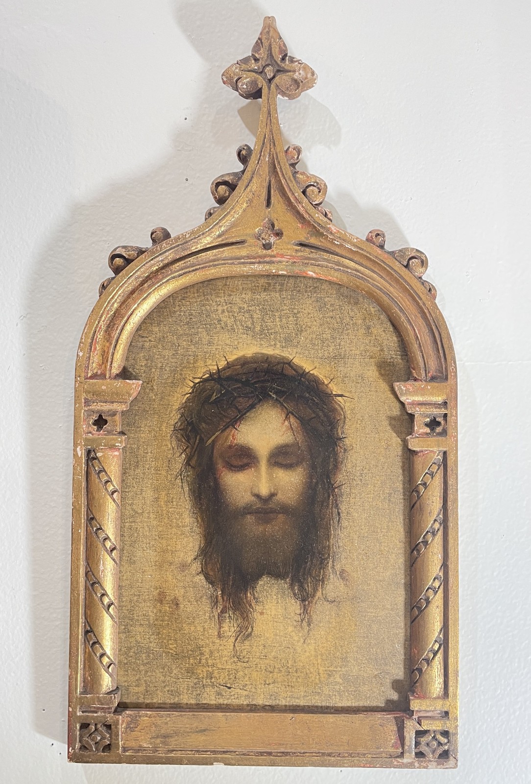 Rare Antique Italian Holy Face of Jesus Hand Painted Icon Wooden Plaque c1900
