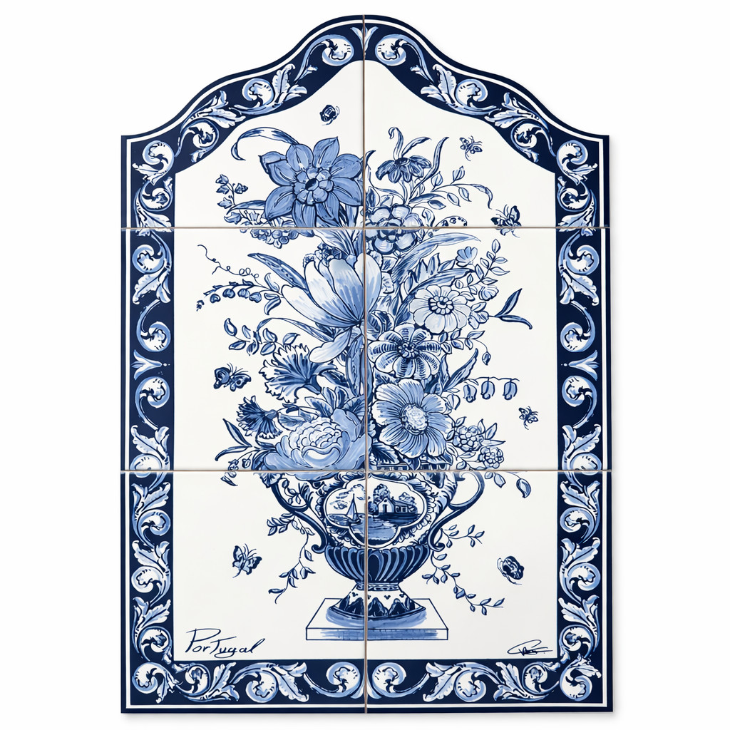 Portuguese Ceramic Tile Wall Panel – Blue Floral Vase with Azulejo Border Portuguese Ceramic Tile Wall Panel – Blue Floral Vase with Azulejo Border