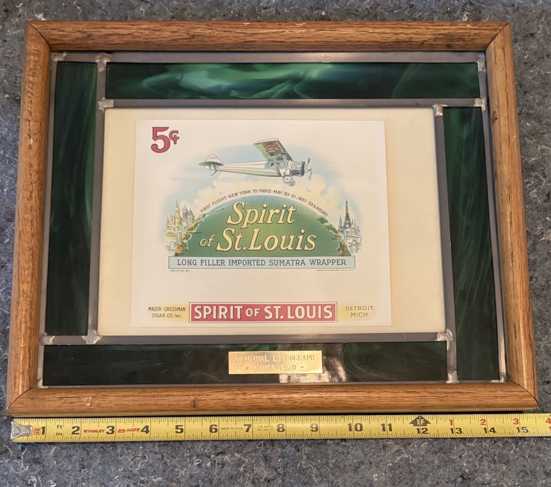 VTG SPIRIT OF ST. LOUIS 5¢ CIGAR 1920’s LITHOGRAPH Stained Glass &Engraved Frame