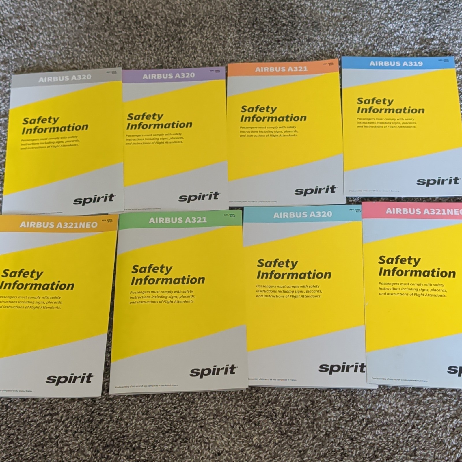 Set Of 8 Spirit Airlines Safety Information Cards Airbus A320/A321/A321neo