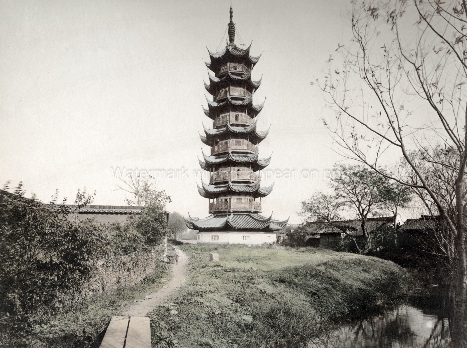 Longhua Pagoda Shanghai China Temple Architecture Landscape Vtg. Photo 19thC.
