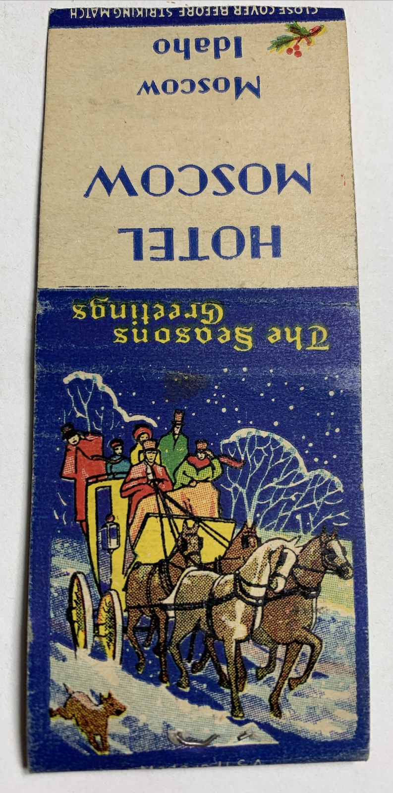 Moscow Idaho Matchbook Cover Hotel Christmas Winter Art Horse Buggy
