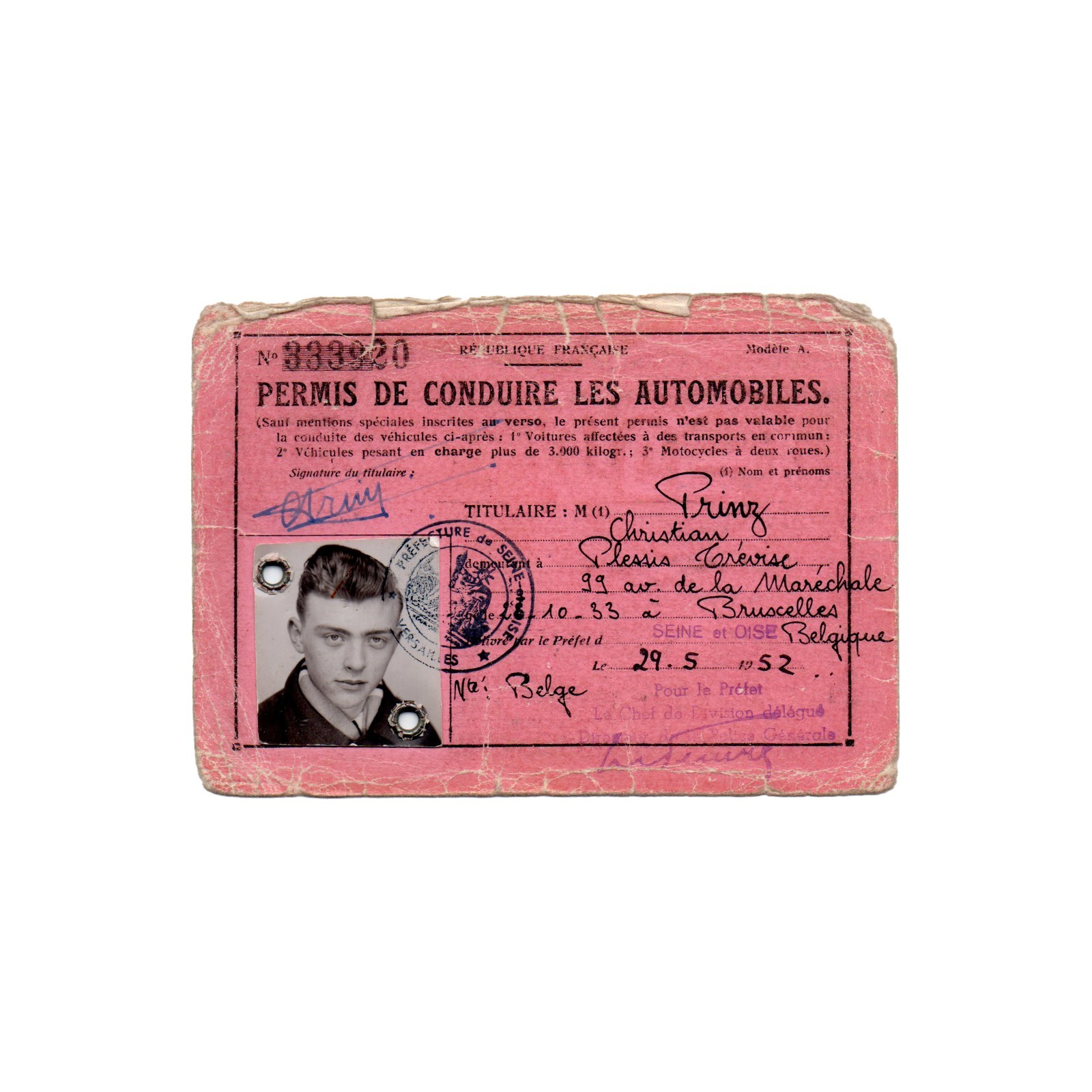 1952 French Automobile Driving Licence - Belgium Brussels Official Document