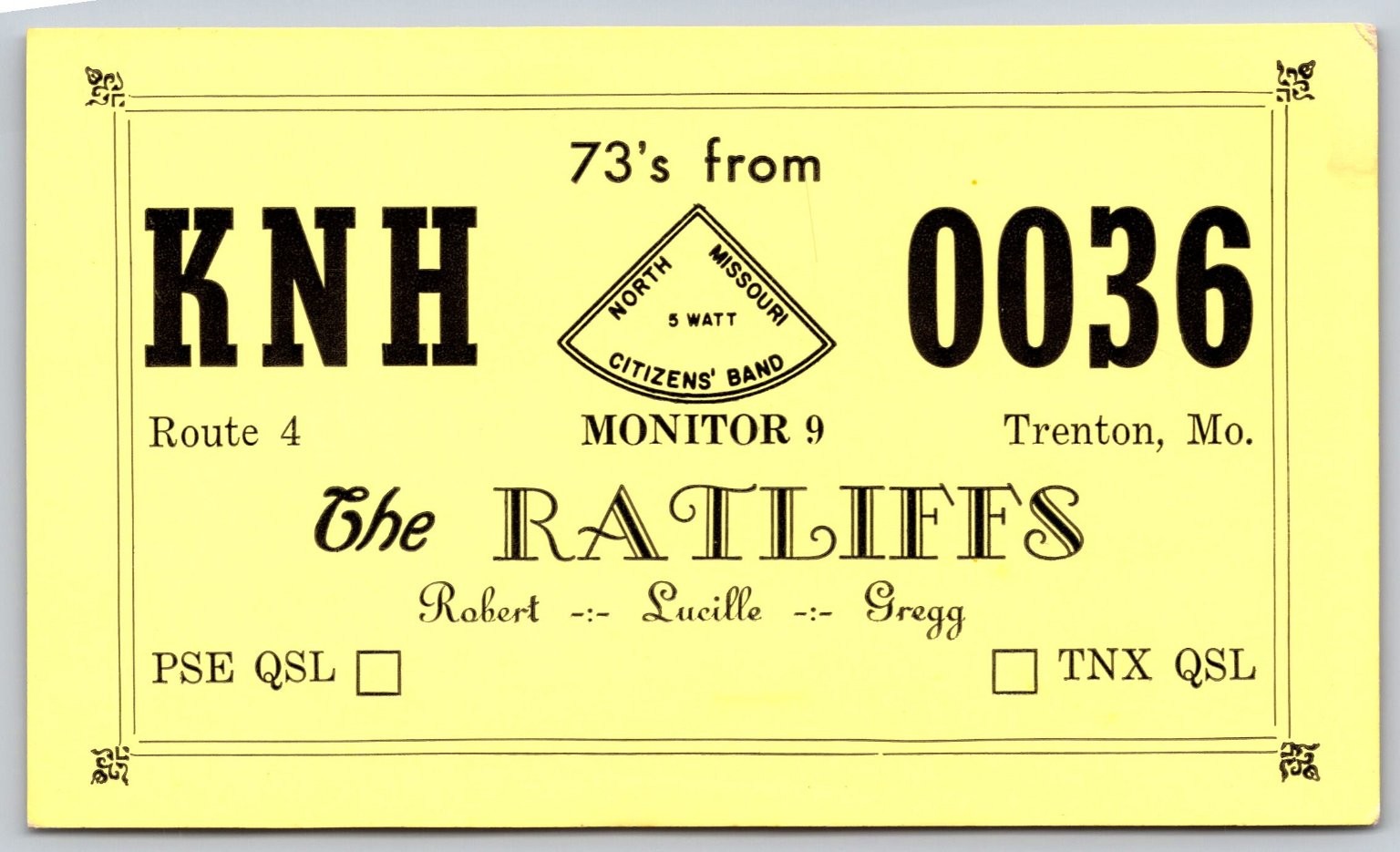 Vintage KNH 0036 The Ratliffs CB Radio QSL Card Trenton Missouri North MO B22