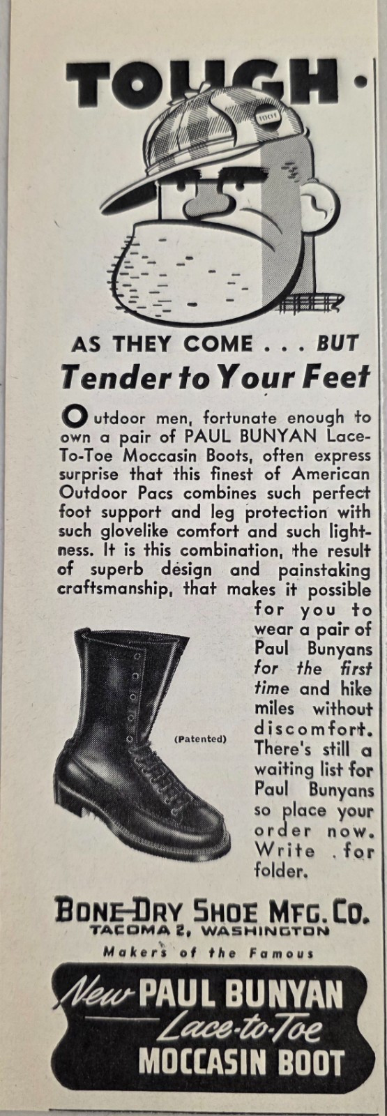 1947 Print Ad Paul Bunyan Lace-to-Toe Moccasin Boots Bone-Dry Shoes Tacoma,WA
