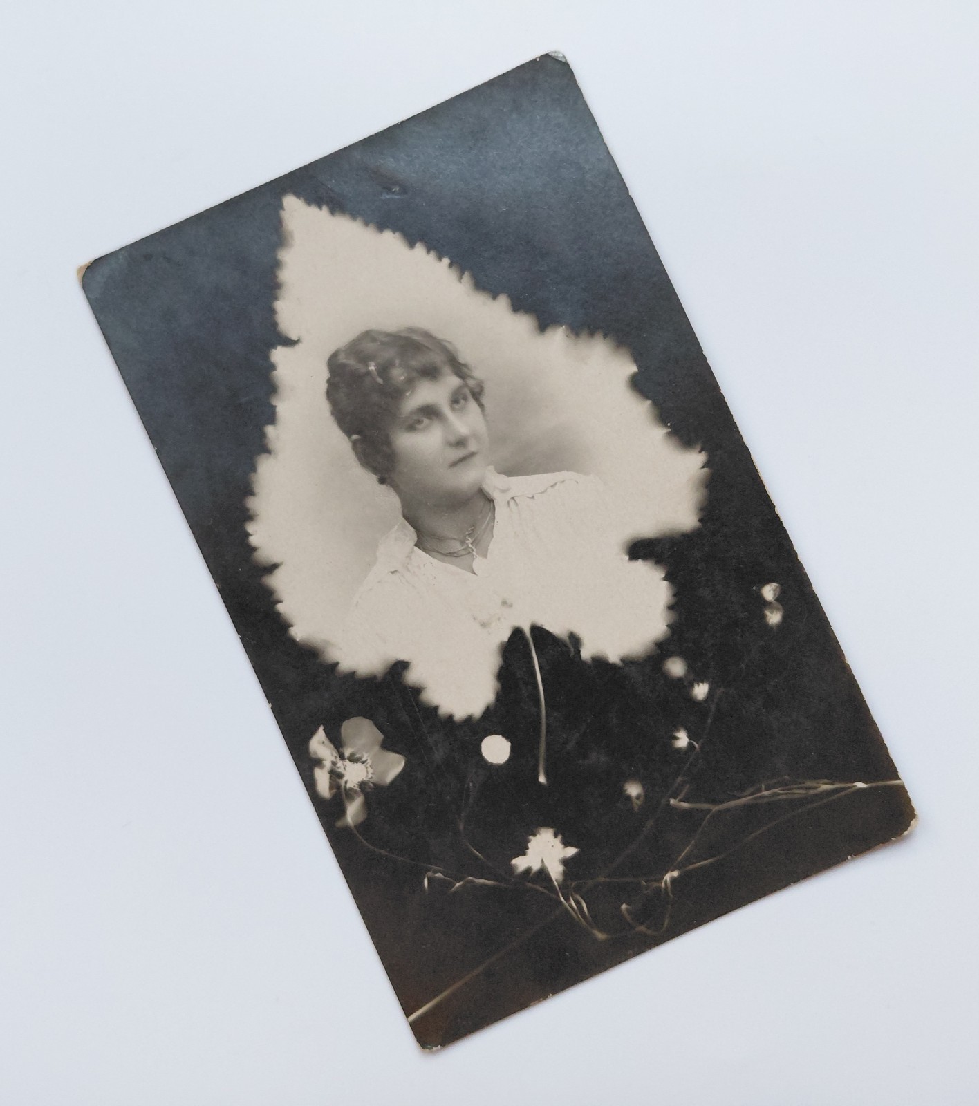 1920s USSR Soviet Woman Portrait Photo Leaf Shape Floral Art Unusual 87x138mm