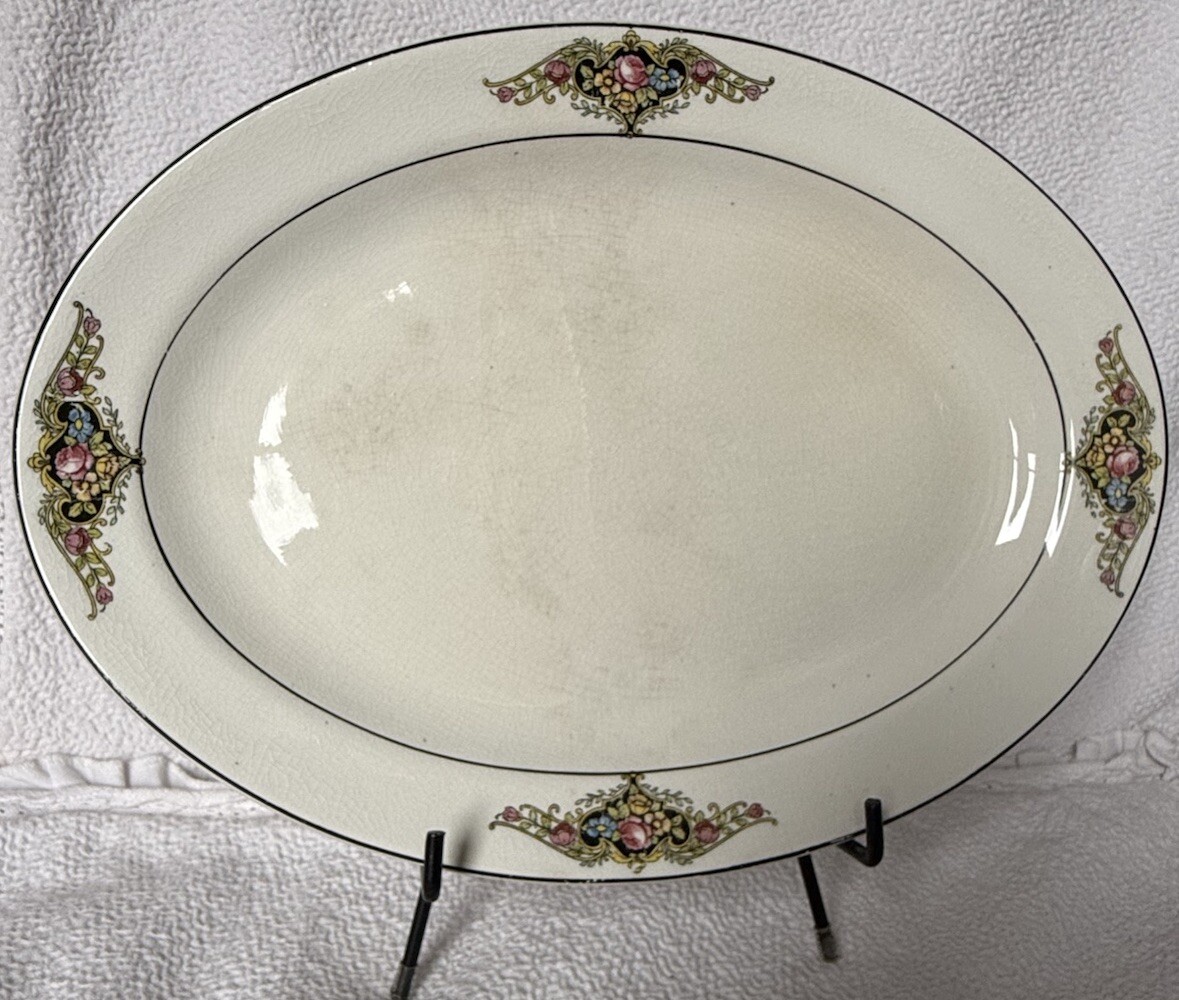 Large Unmarked Vintage Platter Black Pink Green Gold White 13 1/2”L x 10”W