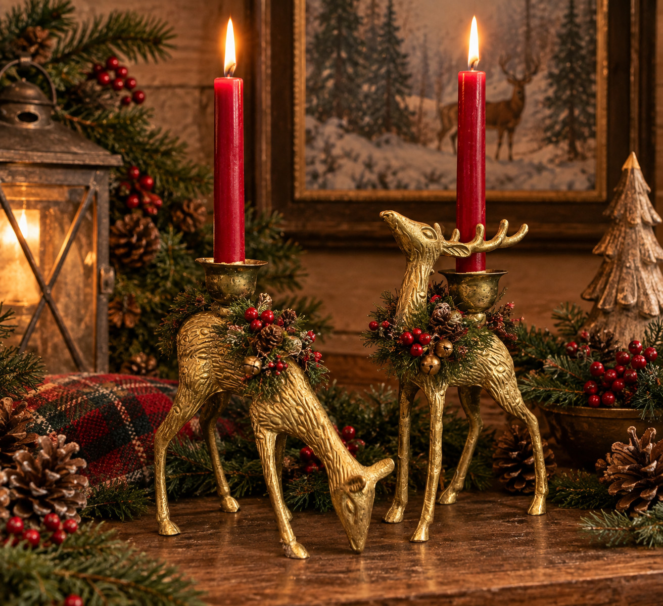 Vintage Solid Brass Deer Candlestick Holders Set Of 2 Buck & Doe Woodland Cabin
