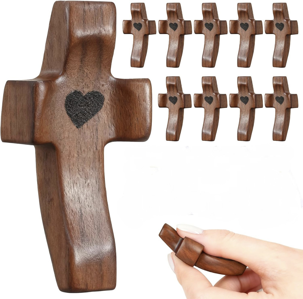 10Pcs Wooden Cross Fidget with Bags, Handcrafted Prayer Stress Relief
