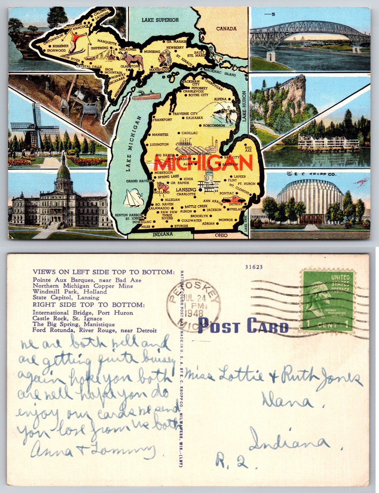 Michigan Map Landmarks Postcard