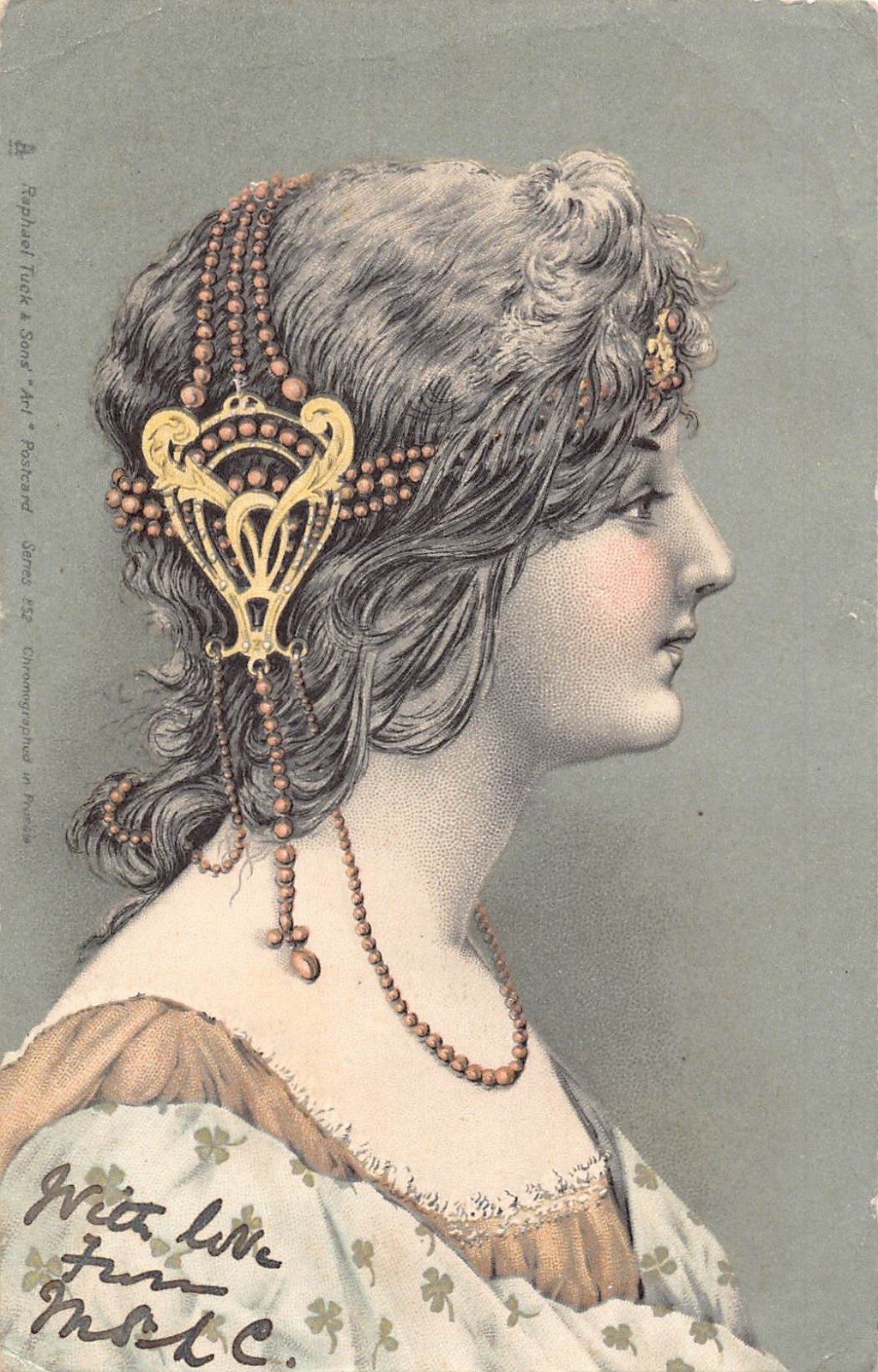 L554 Art Nouveau Glamour Profile of a lady with headdress 1903 vintage postcard