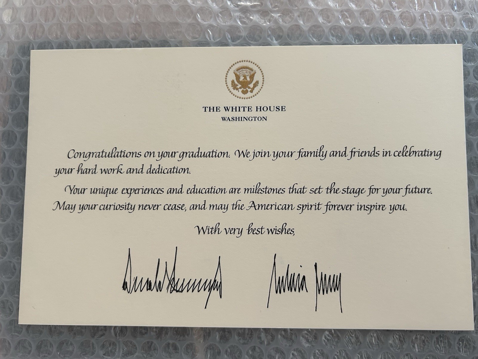 TRUMP GRADUATION CARD WHITE HOUSE SIGNATURE REPUBLICAN GOP MAGA GOLD EAGLE SEAL