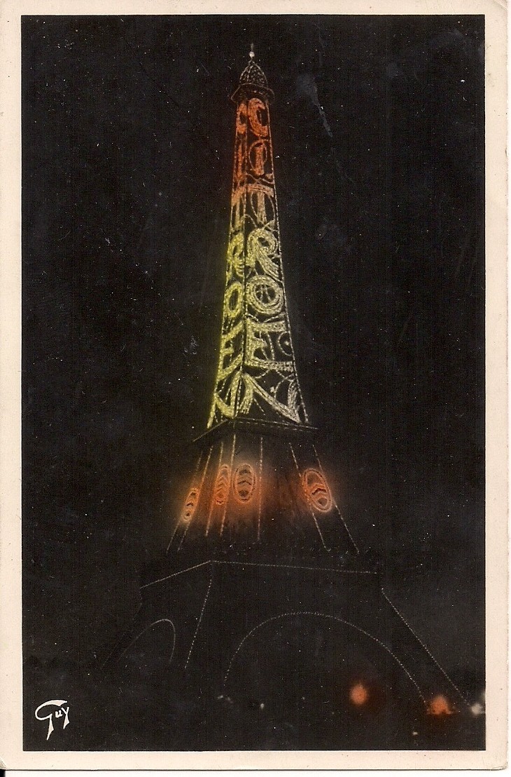 RPPC Paris France, Eifel Tower w Citroen Car Advertising 1930\'s Night View