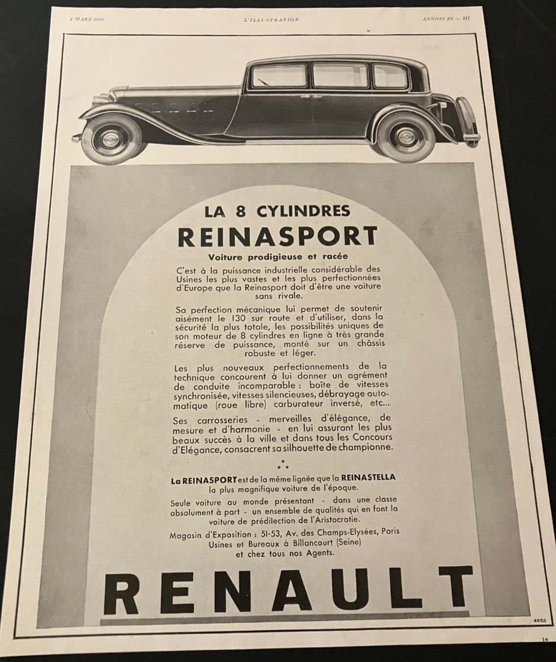 French 1933 Renault 8-Cylinder Reinasport - Vintage Original Print Ad / Wall Art