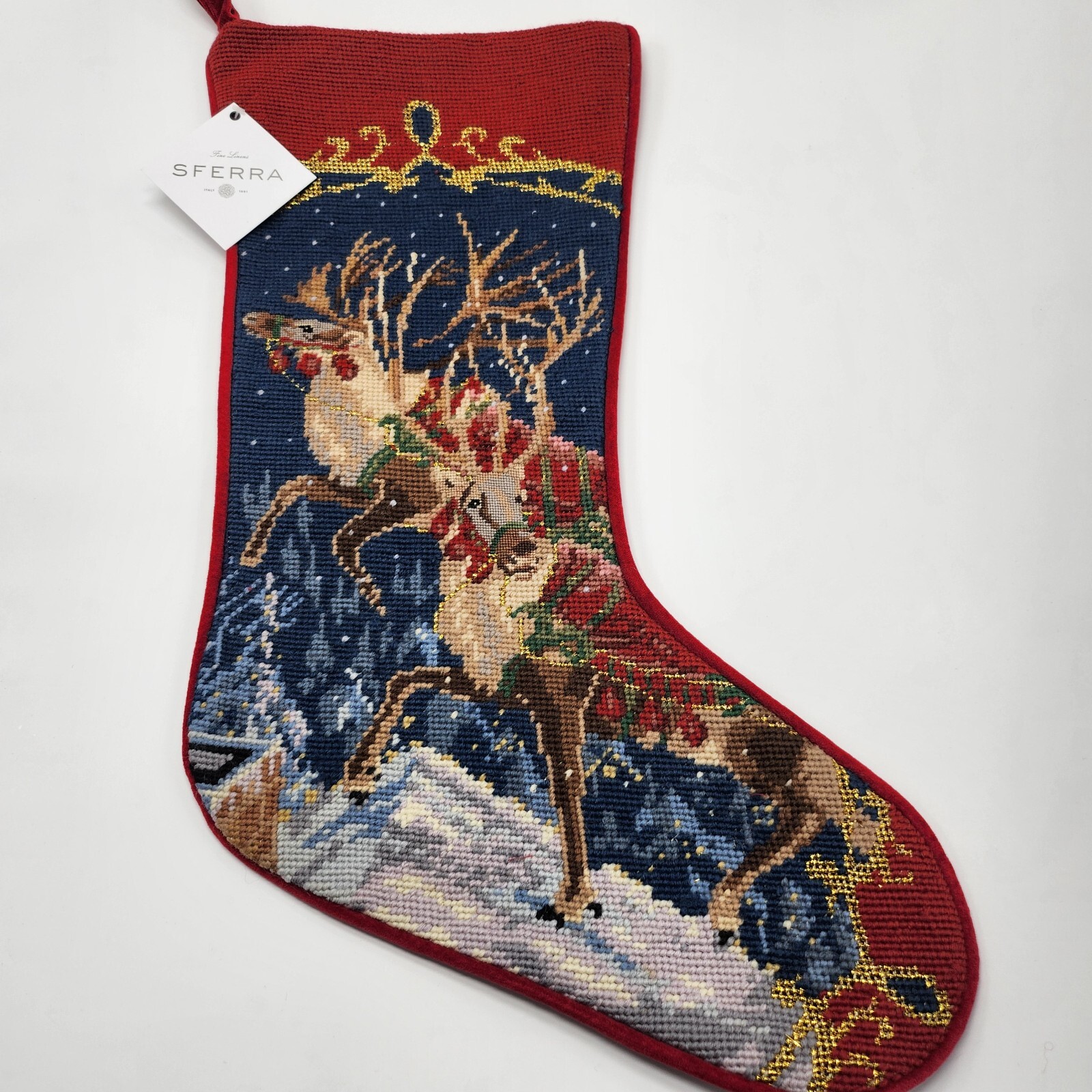 Sferra Reindeer Christmas Stocking Needlepoint Handmade Red Velvet Backing NEW