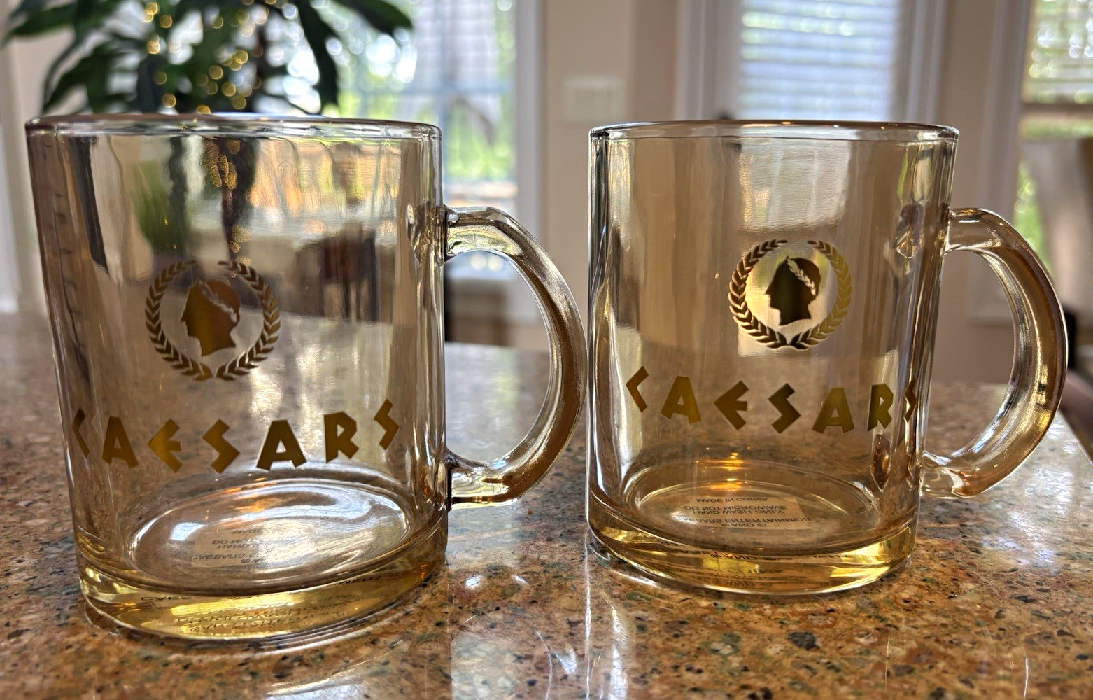 Vintage Caesars Palace Las Vegas Amber Glass Coffee Mug Gold Laurel Leaf Log