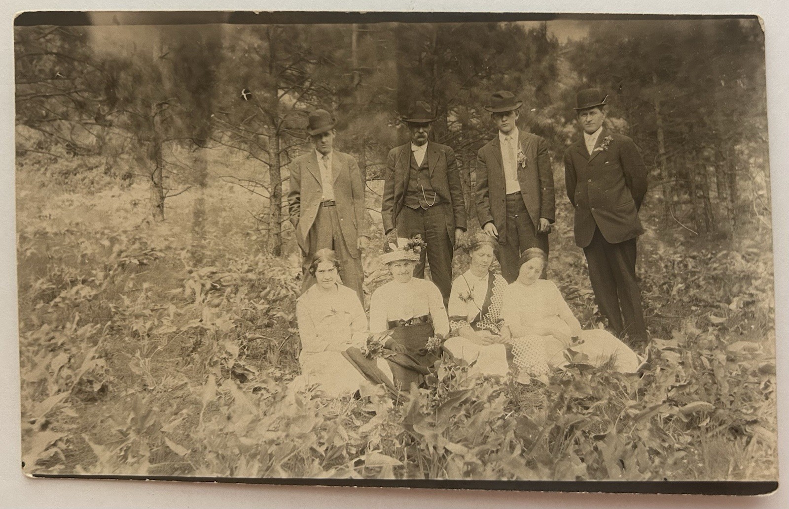 Antique RPPC Kruxo Real Photo Postcard Group Portrait Men & Women Outdoors 1900s