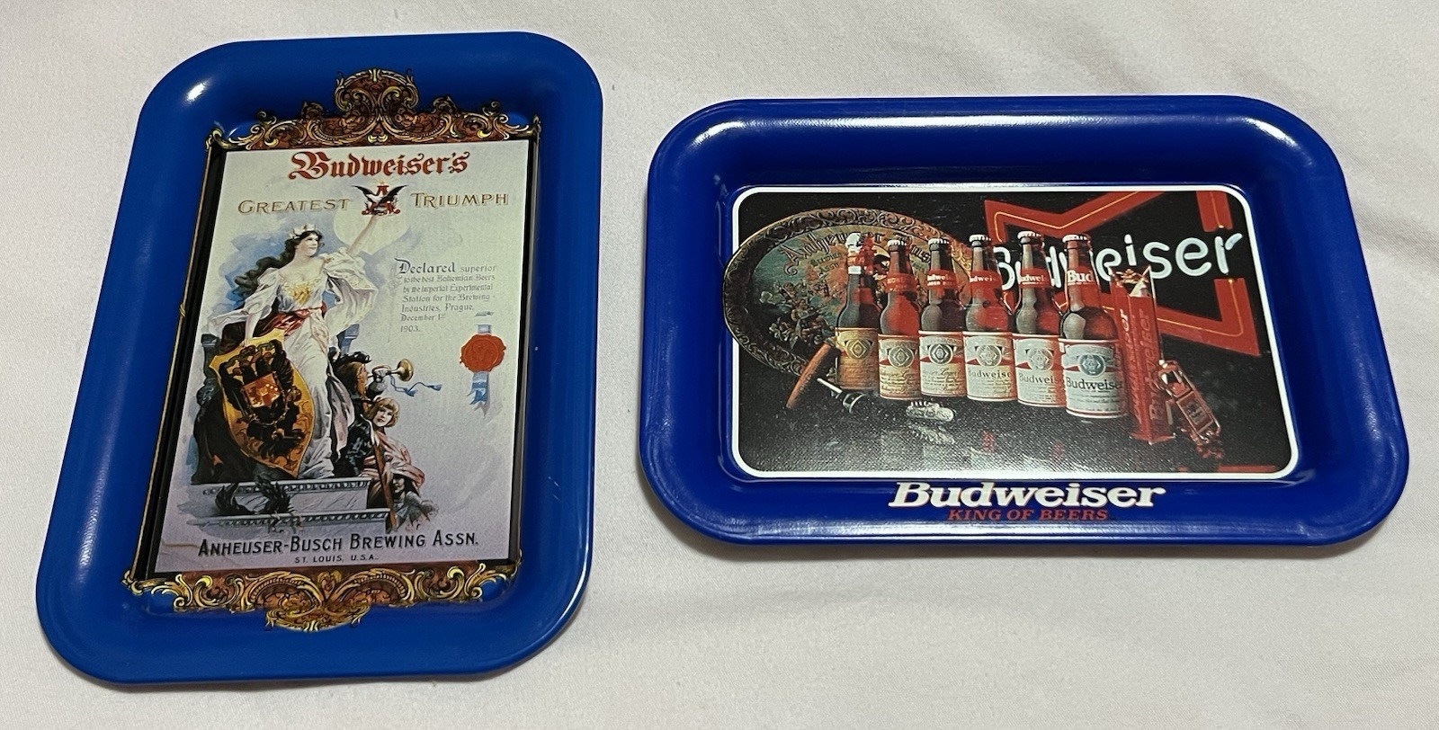 Two Anheuser Busch 1992 1996 Metal Tip Trays Hangable Bar Man Cave 6 5/8 X 4 5/8