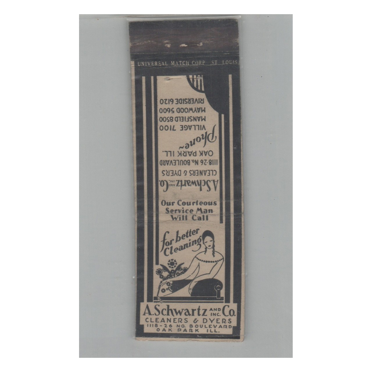 1920s-1930s Universal Match Matchbook Cover A Schwartz & Co Cleaners Oak Park IL
