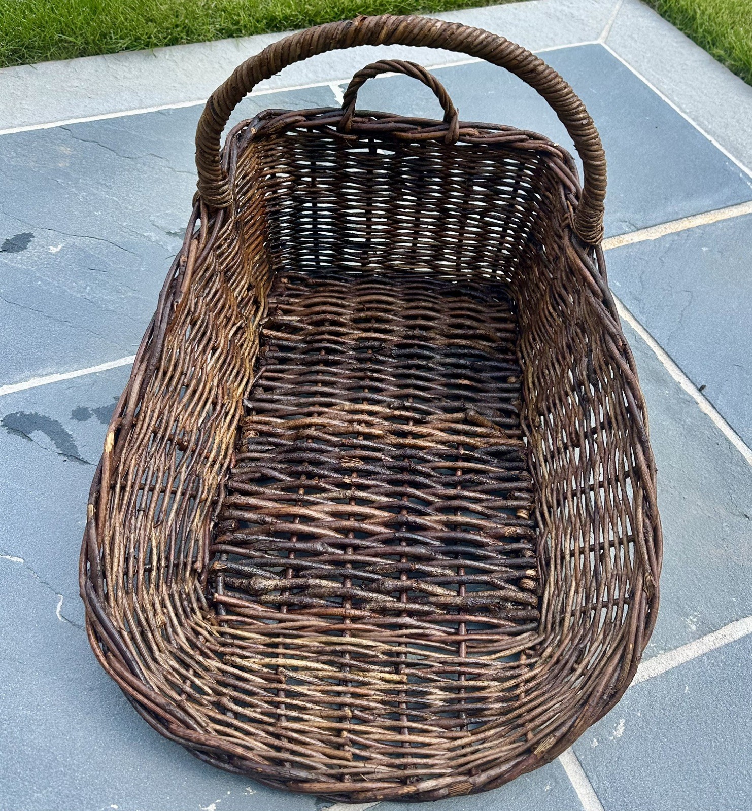Rustic French Handwoven Willow Gathering Basket with Handles 22”L