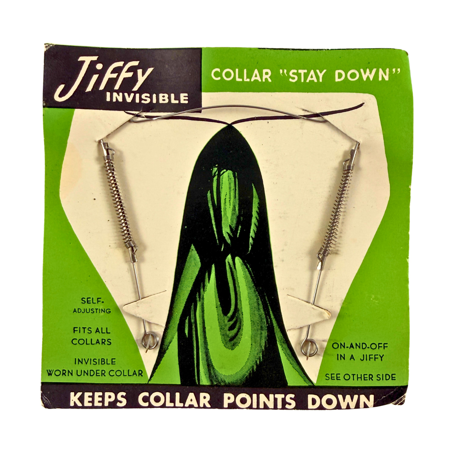 Vintage Jiffy Invisible Collar Stay Down Tie Holder Original Card NOS Menswear