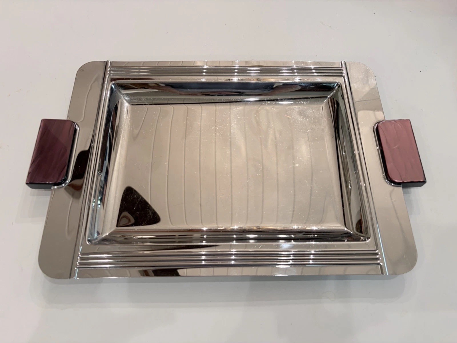 COUZON France Acier Inox Tray Art Deco PURPLE Resin Pearlized Handles 18” X 11.5