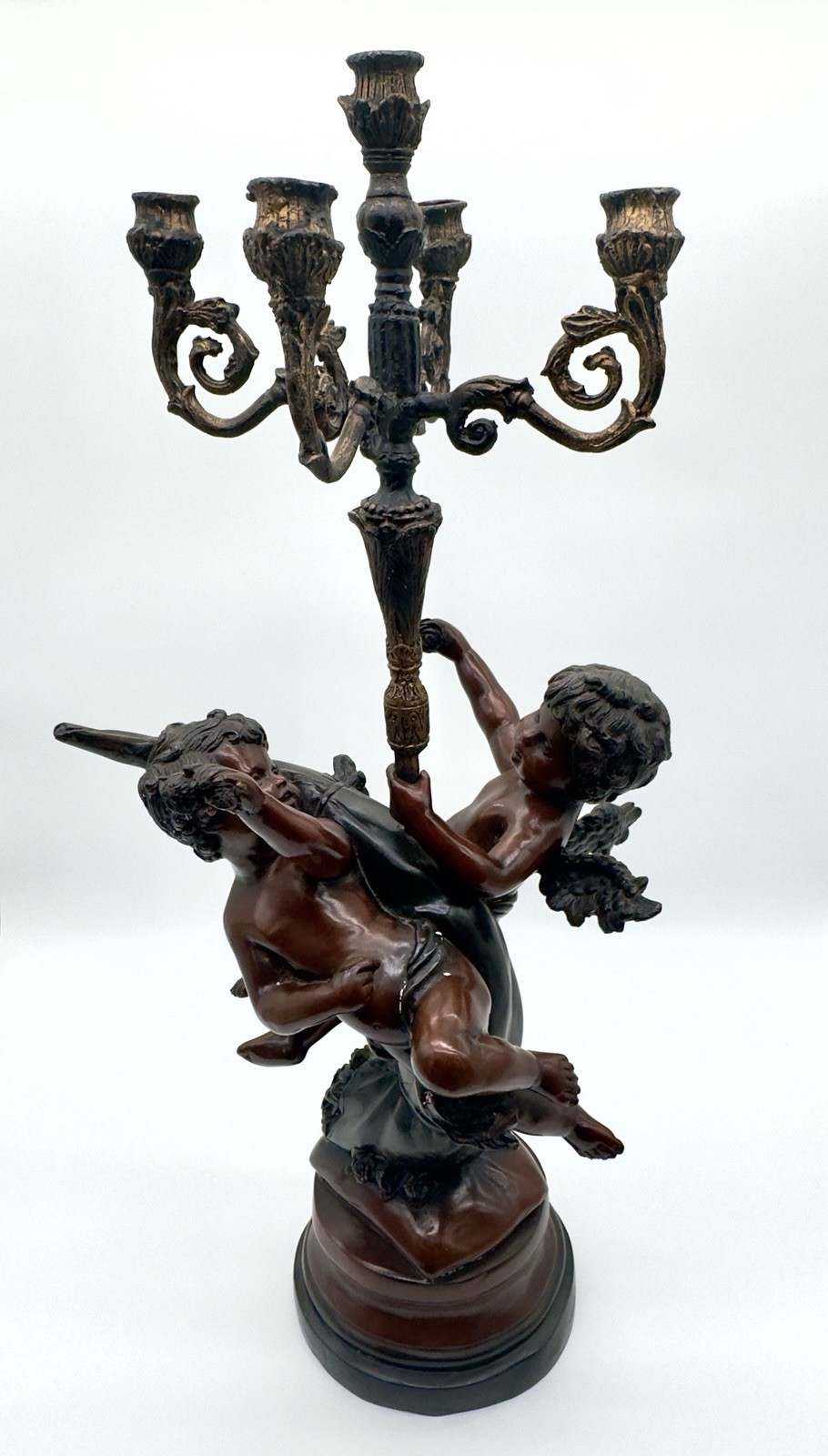 Marvelous Vintage Baroque Raccoco Style  Cast Iron Cherub Candelabras