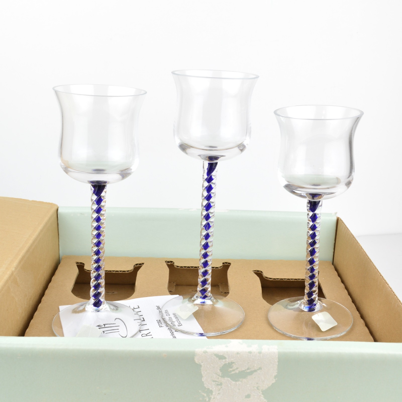 PartyLite Harlequin Votive Candle Holder Set P7282 Blue Glass Stem Trio Ltd Ed
