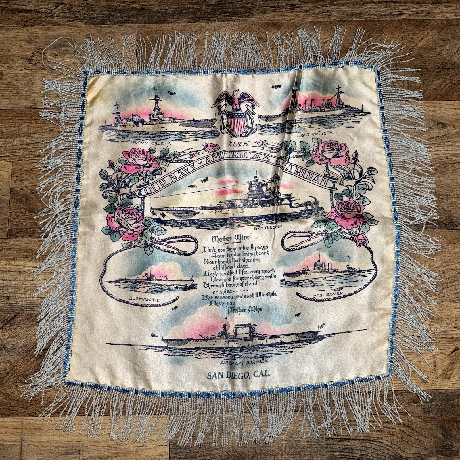 VINTAGE U.S. FRINGED MOTHER MINE PILLOW COVER SAN DIEGO, CALIFORNIA
