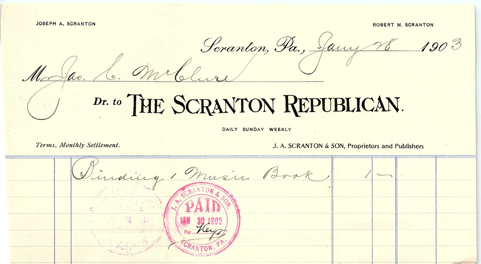 1903 Scranton Republican Newspaper Billhead, Music Book Bind