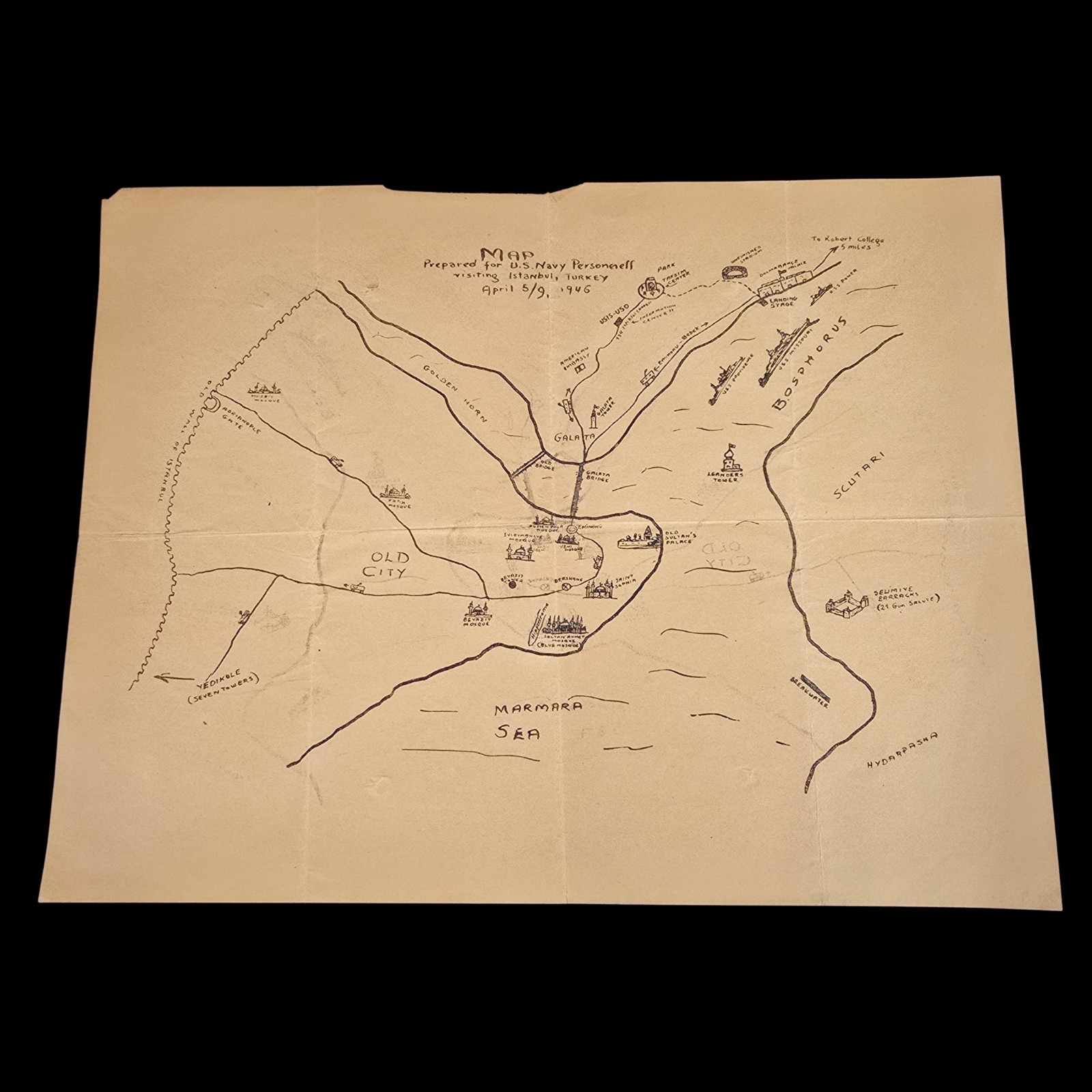 1946 Battleship Missouri Istanbul Map Original For Navy Personnel