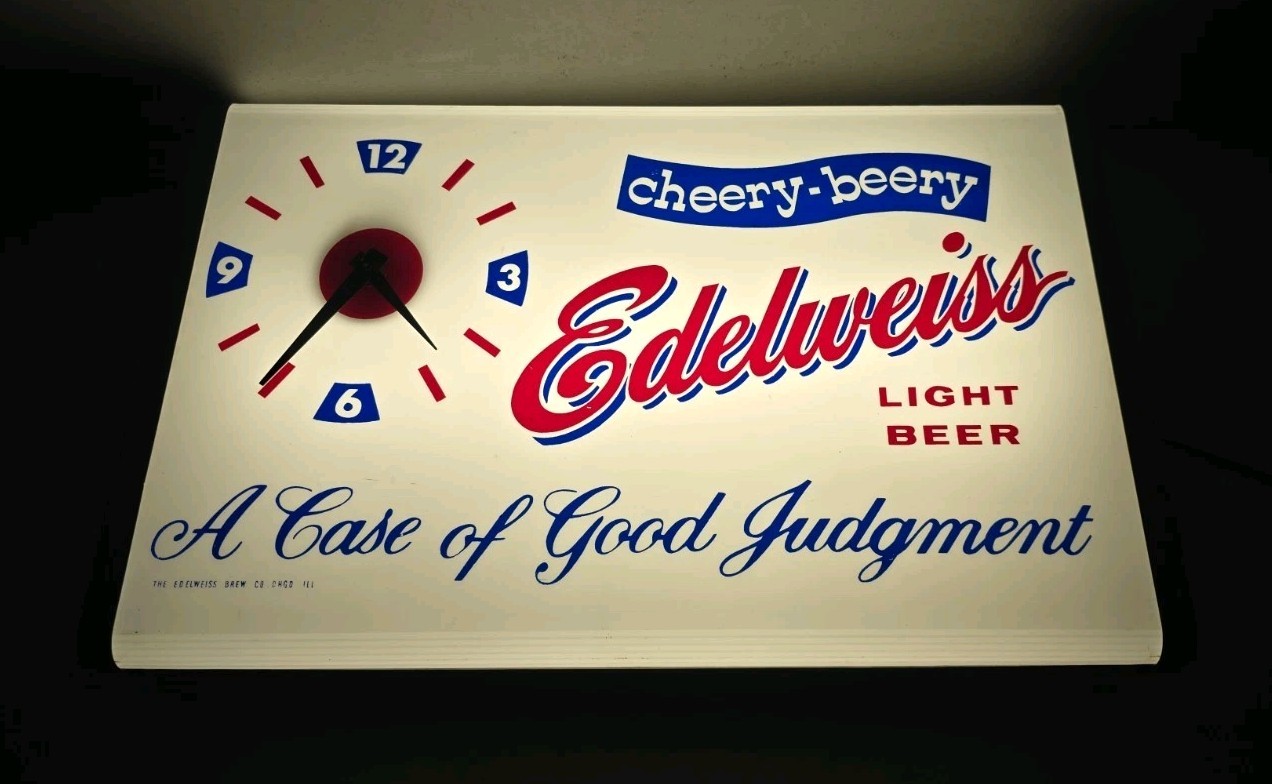 Vintage Edelweiss Brewing Co Chicago Cheery-Beery Beer Lighted Clock Sign - READ Vintage Edelweiss Brewing Co Chicago Cheery-Beery Beer Lighted Clock Sign - READ