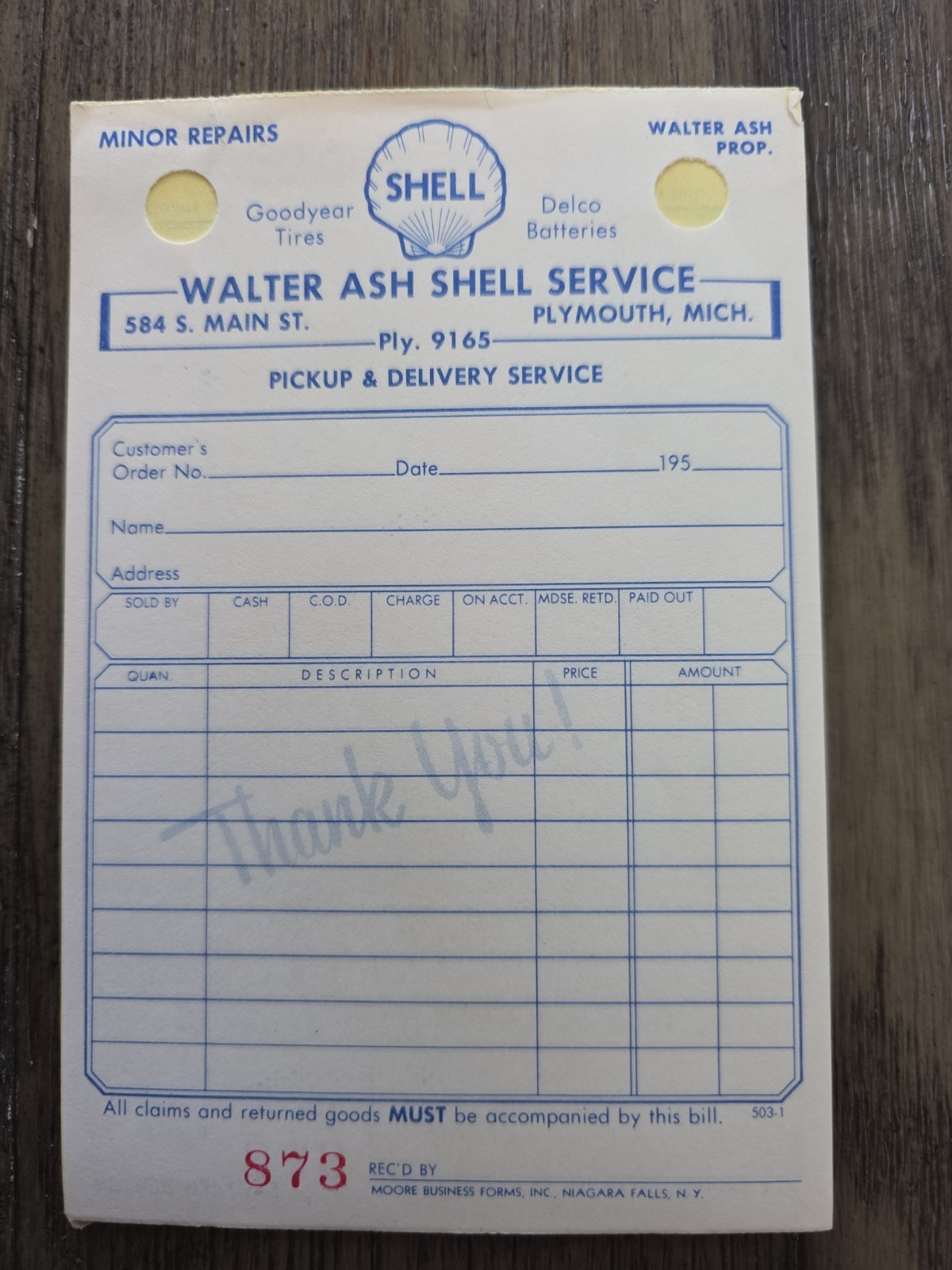 VTG Rare 1940\'s Bill Receipts Lot Walter Ash Shell Service Plymouth MI Michigan 