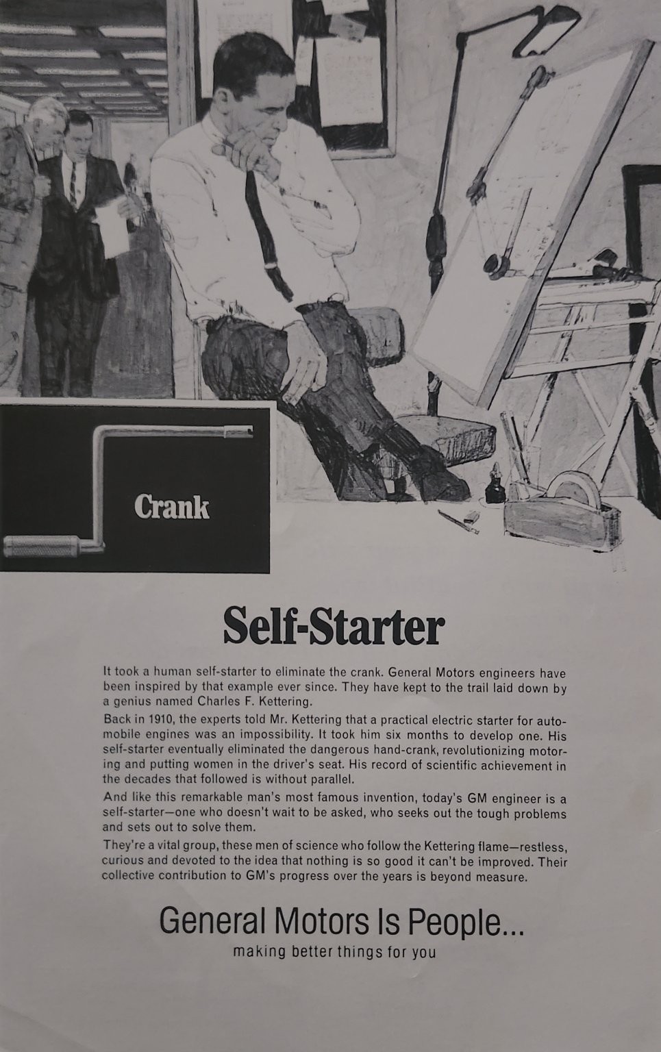 Vintage 1966 General Motors GM Magazine Ad Self-Starter Charles Kettering Art