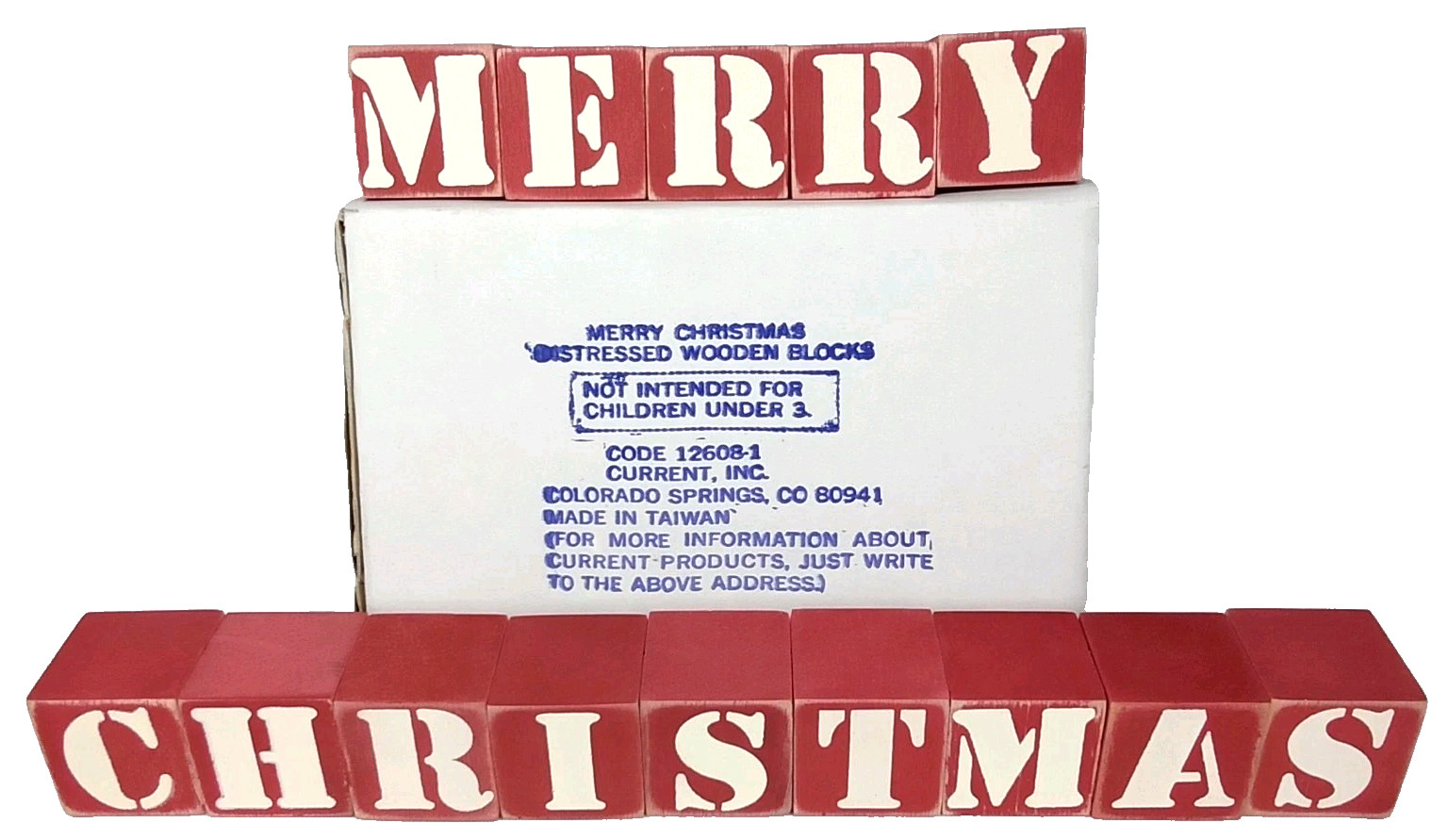 Vintage 1980s Current Merry Christmas Distressed Wooden Blocks With Original Box