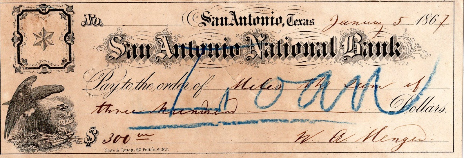 1867 San Antonio National Bank Pay Edward Miles San Jacinto Veteran Signed
