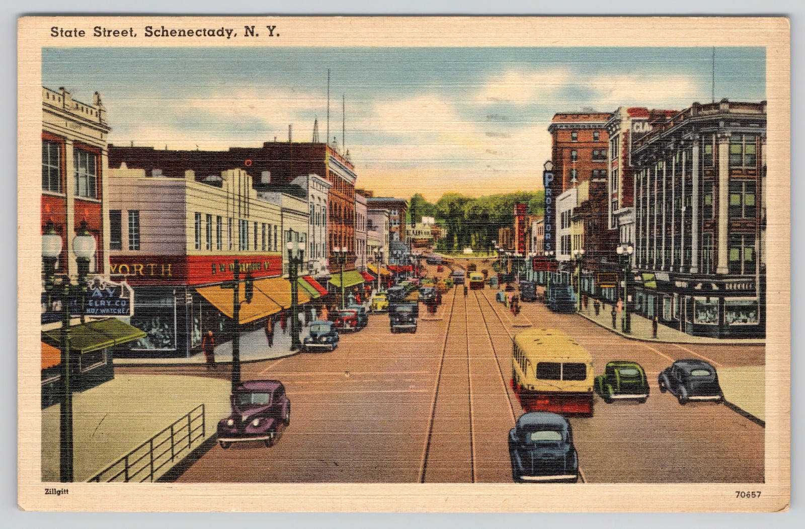 Schenectady NY Postcard State Street 1944 Posted Old New York Linen Cars