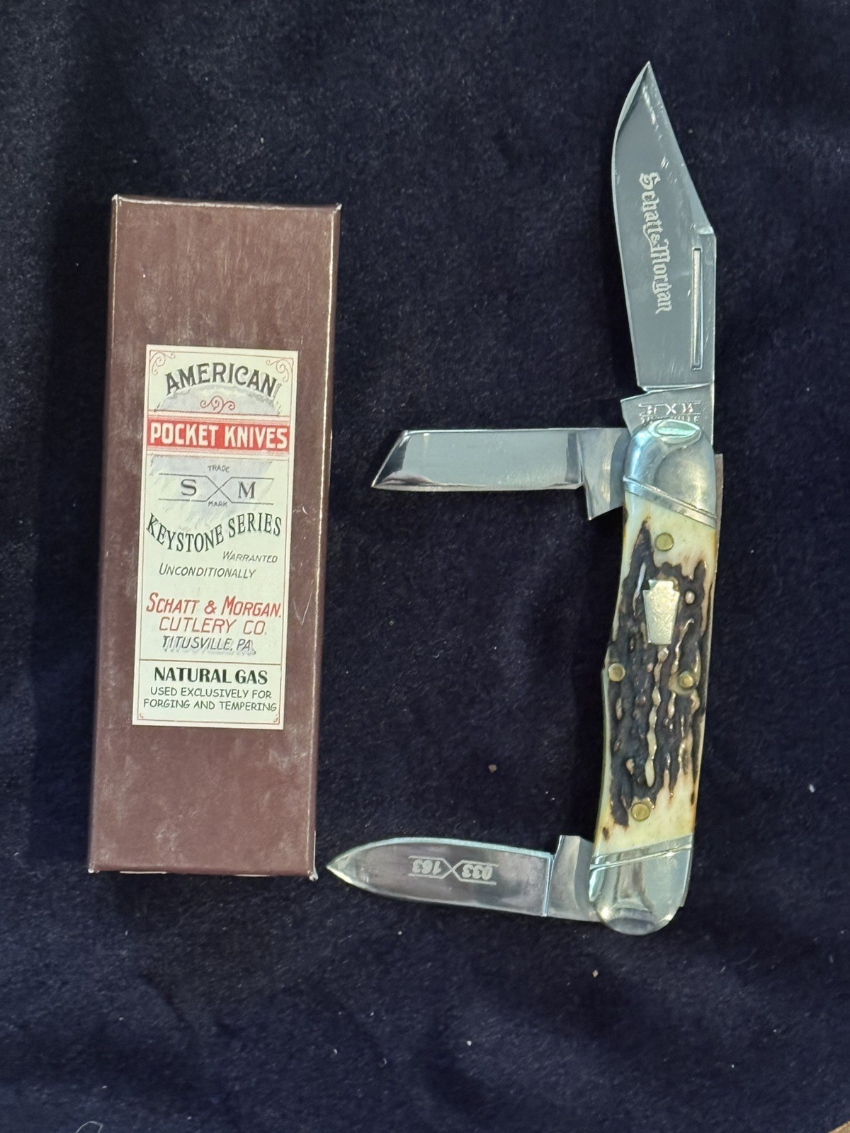 Queen Schatt & Morgan Railsplitter Cattle Knife Stag Handles Slanted Bolsters 🔥