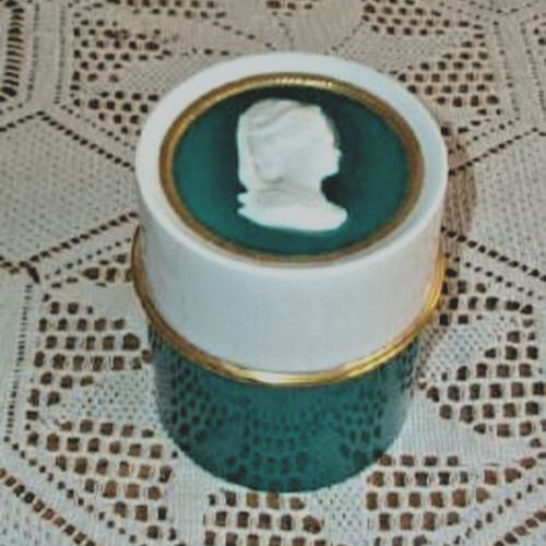 Vintage Germany Powder Jar Porcelain Cameo Aqua Gilt White Vanity Canister 1960s
