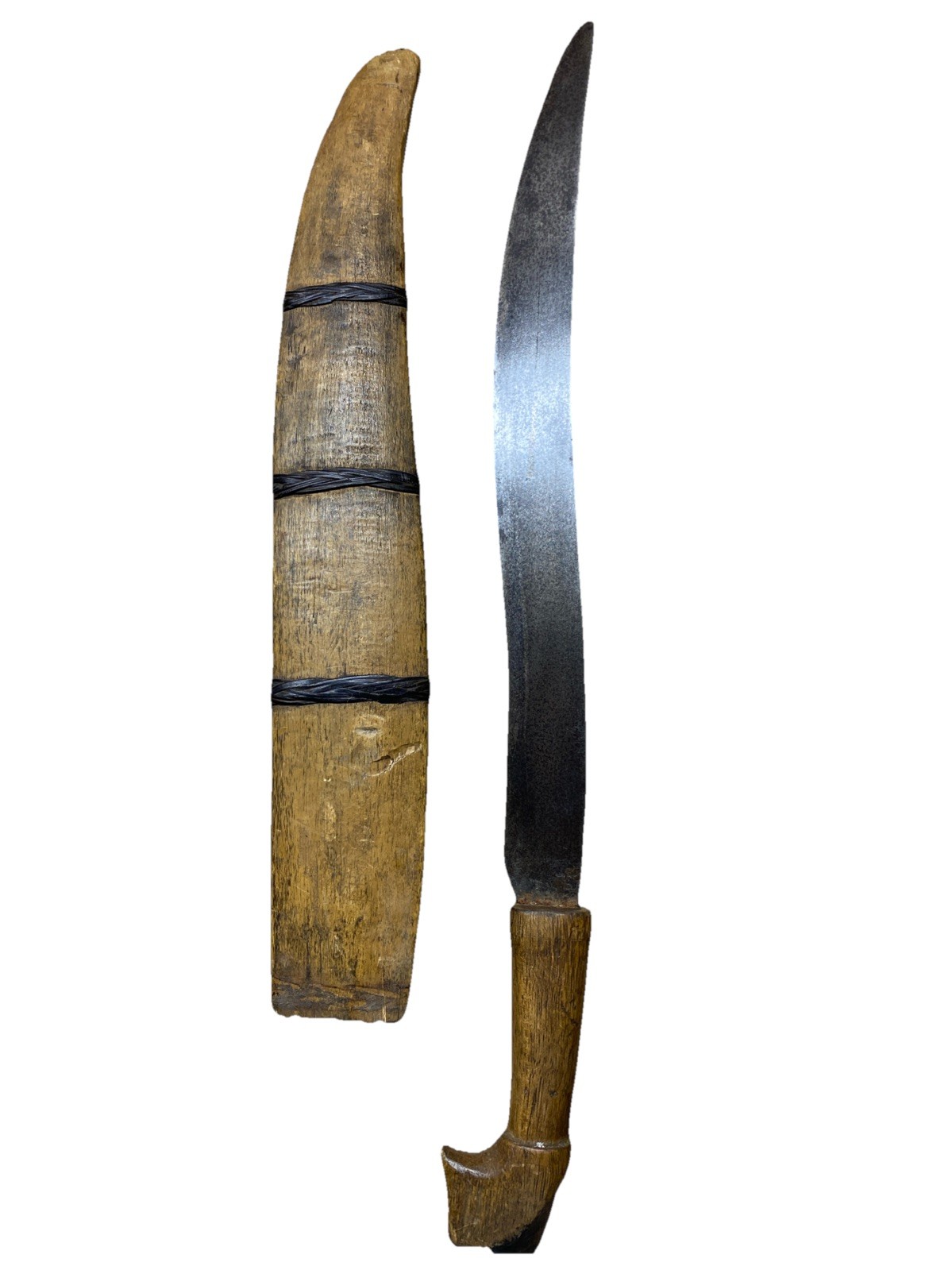 Vintage Philippines Talibong Barang Bolo Moro Knife Curved Blade w/WOOD SHEATH